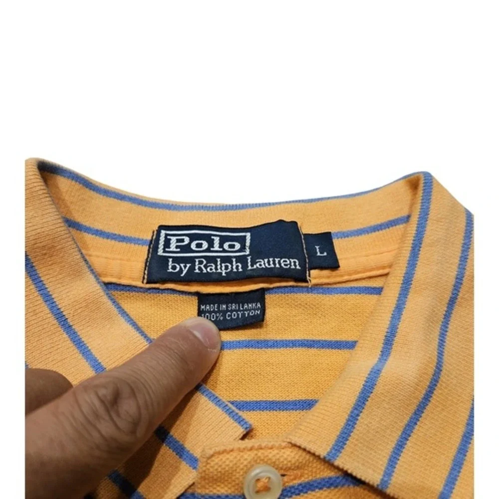 Polo Ralph Lauren Mens Large Orange Blue‎ Striped Polo Shirt Cotton Classic